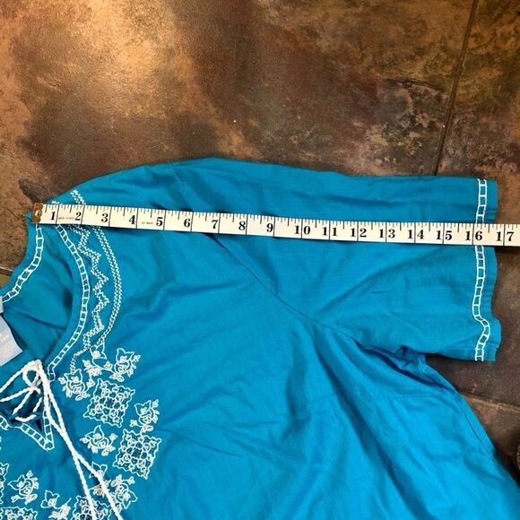 Liz & Me Blue V-neck Lace-up Embroidered Beads Short Sleeve Blouse 2X (22/24 W) - Picture 15 of 16
